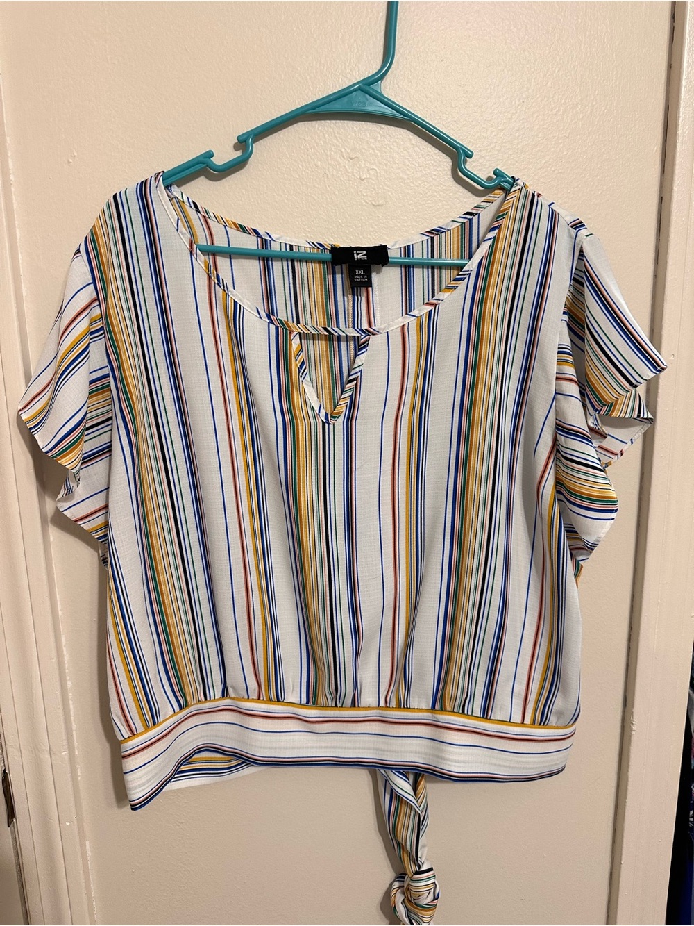 Iz Byer White Multi-Striped Tie-Hem Crop Top